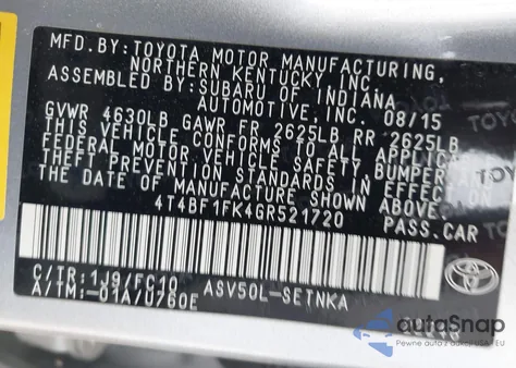 2016 Toyota Camry Le из США, поврежденный, VIN 4T4BF1FK4GR521720